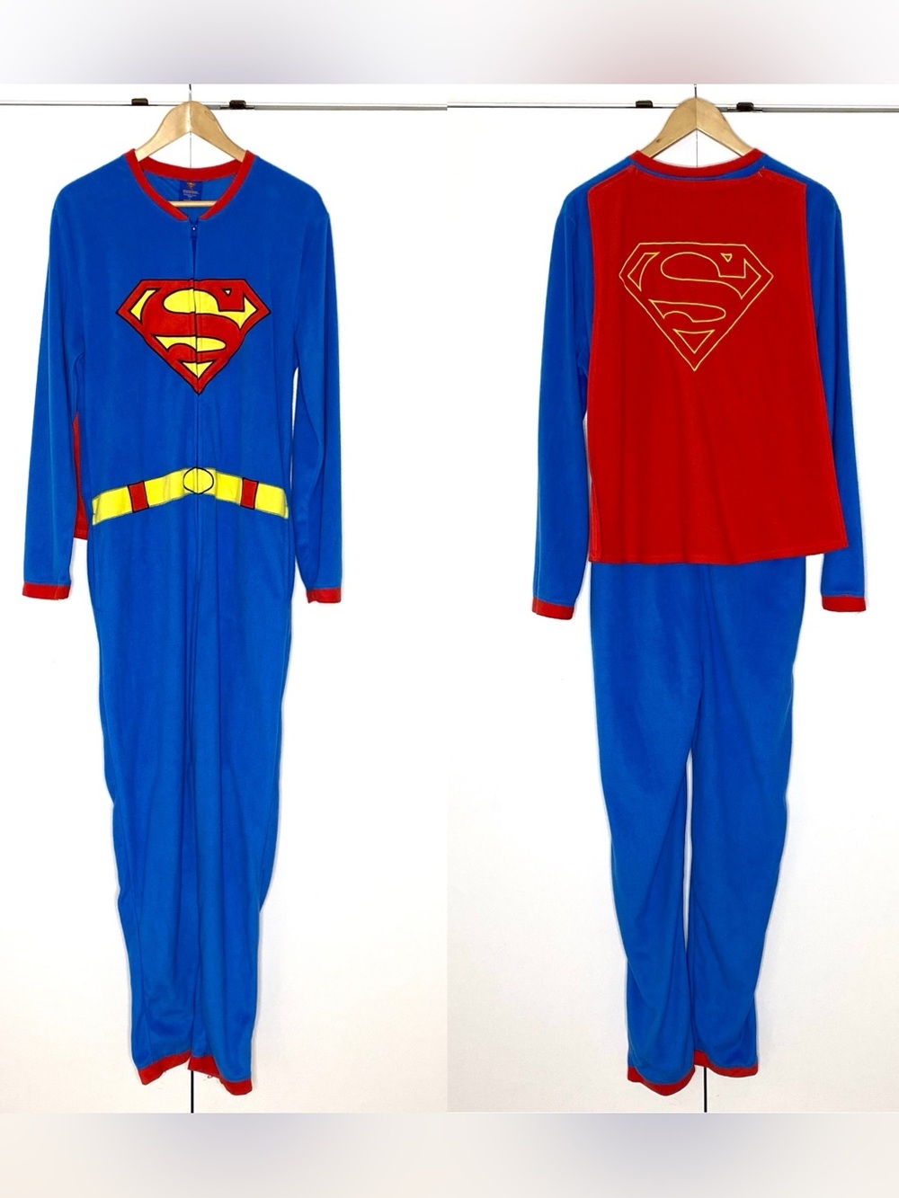 Superman | Fleece Adult Pajamas Costume Cosplay Zip-Up Onesie with Cape Sz Large